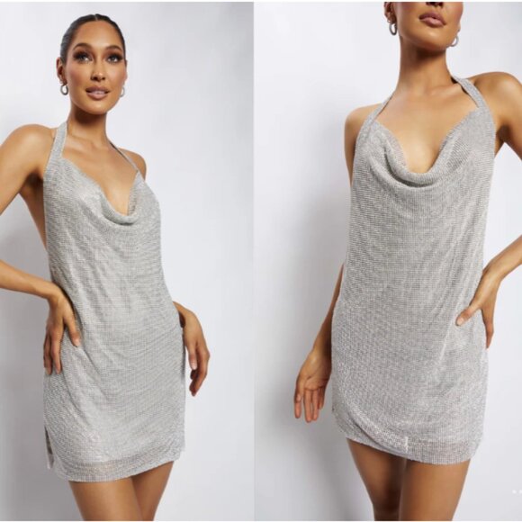 Meshki Dresses & Skirts - NWT! Meshki Meilani Low Back Diamante Mesh Mini Dress - Silver, Medium